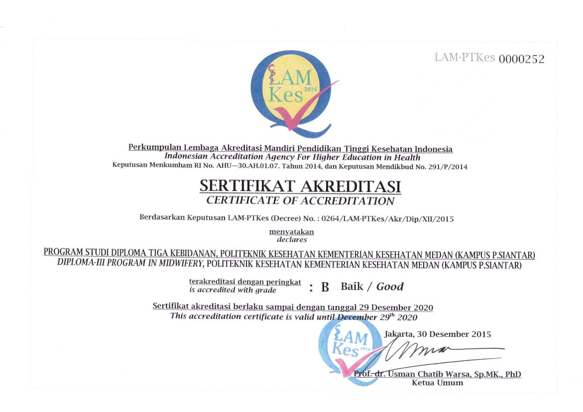 Sertifikat Akreditasi Prodi D-III Kebidanan P. Siantar yang dikeluarkan oleh LAMPTKes